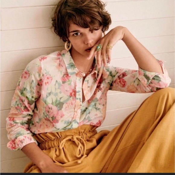 Sezane Tops - Sezane Pierro Floral Button-Up Blouse in Pink and Green